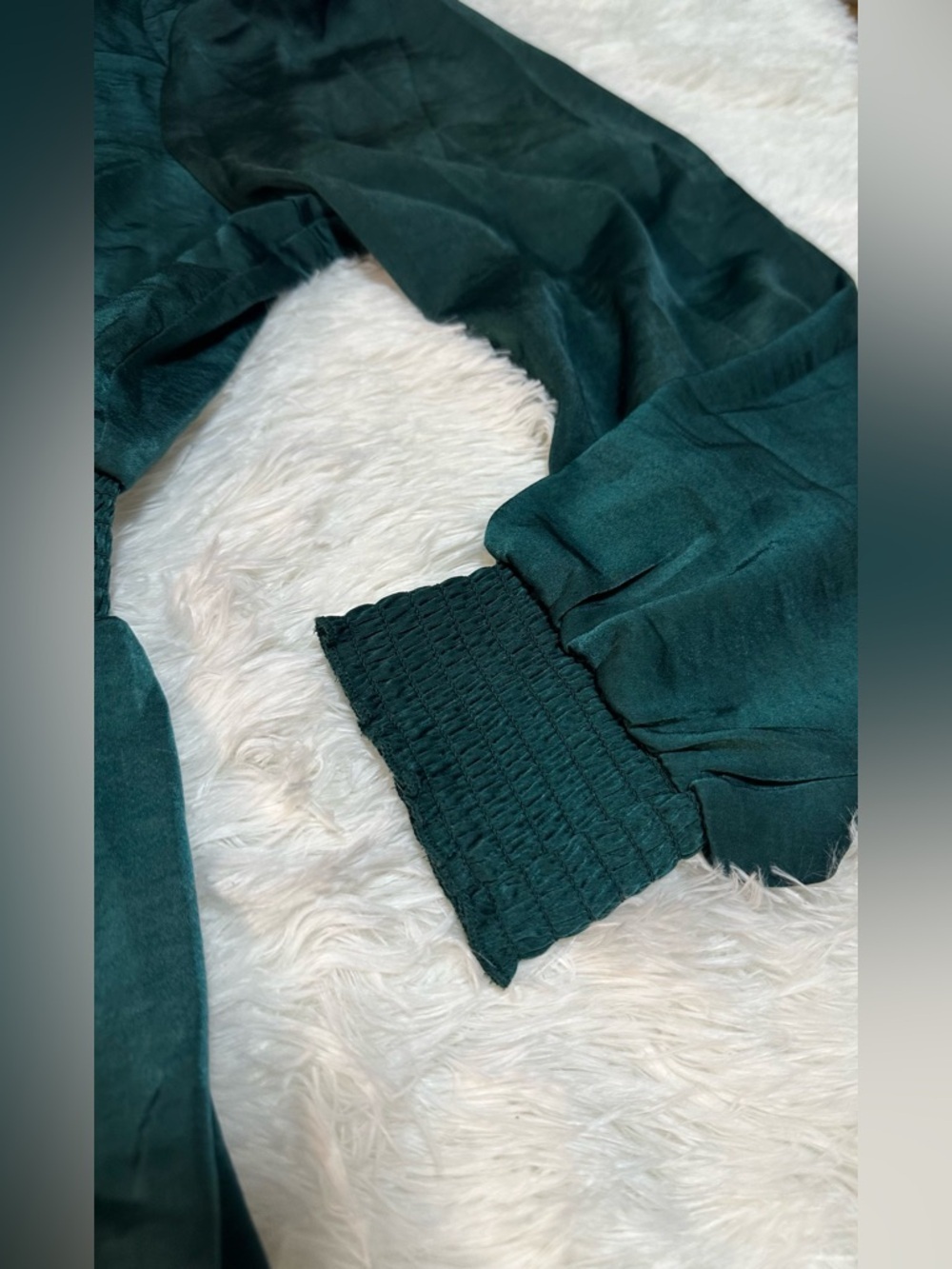 Lucky Brand Emerald Long-Sleeve V-Neck Smocked Mini Dress Ruffle XL Elegant - Picture 6 of 11